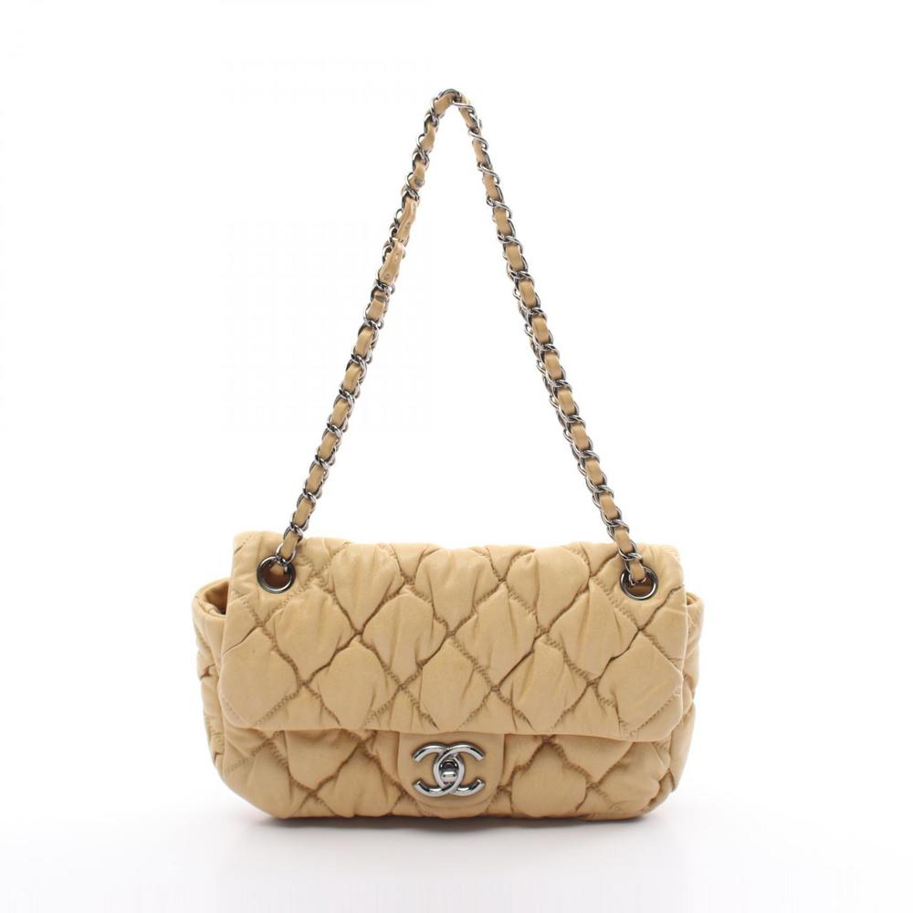CHANEL Bubble Quilt Shoulder Bag Lambskin Sheep Leather Beige